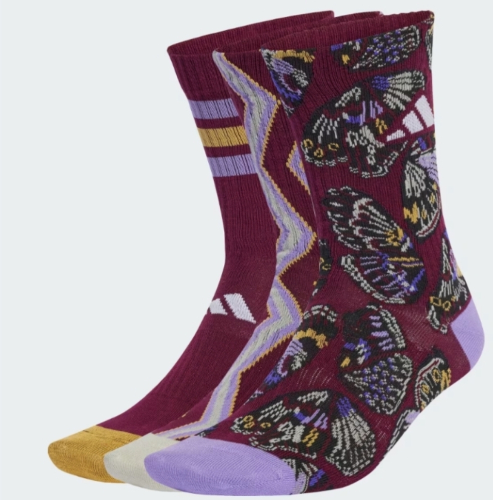 NWT FARM Rio Adidas Collab 3 Pack Multicolor Butterfly Print Crew Socks Size L